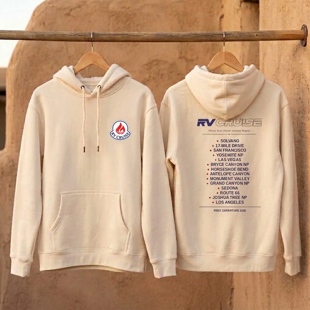 RV 크루즈 기념 후드티 앞면과 뒷면 · 아이보리 후드티에 엠블럼과 미서부 코스 프린트