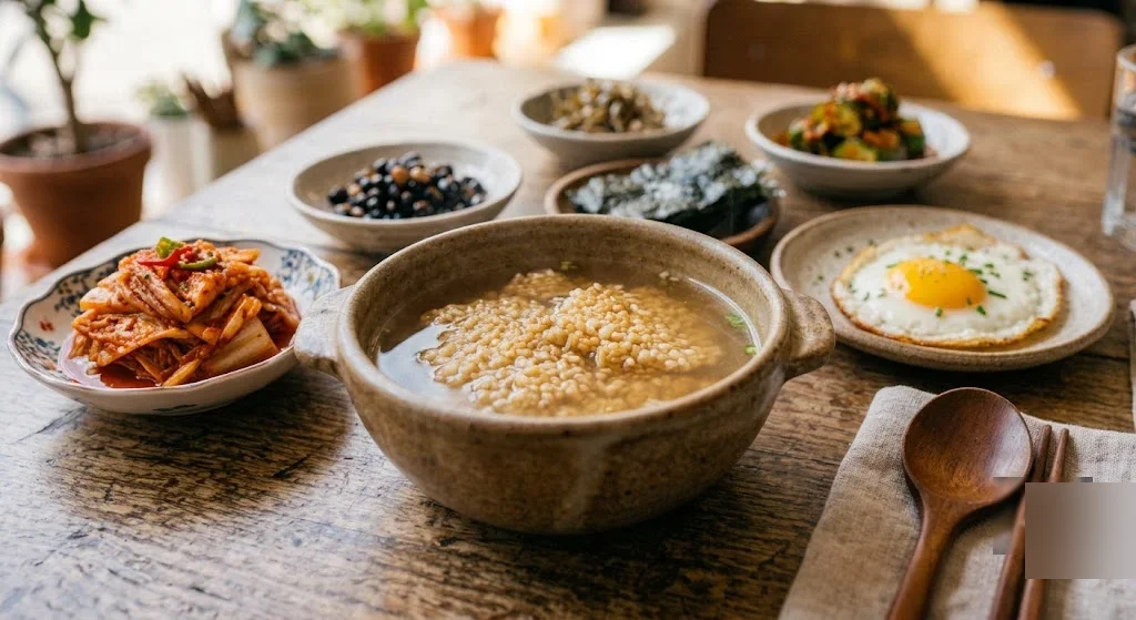 콩나물국, 김치, 계란후라이로 차린 한식 아침