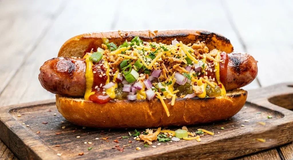 치즈, 양파, 피클을 올린 수제 핫도그