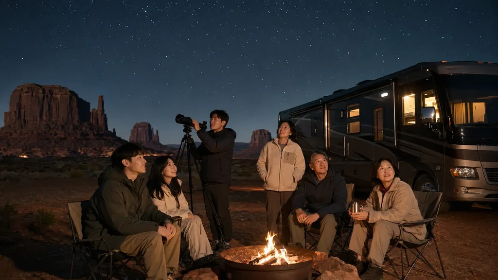 모뉴먼트밸리 별밤 아래 캠핑카 옆 모닥불에 둘러앉아 망원경으로 별을 관측하는 여행객들