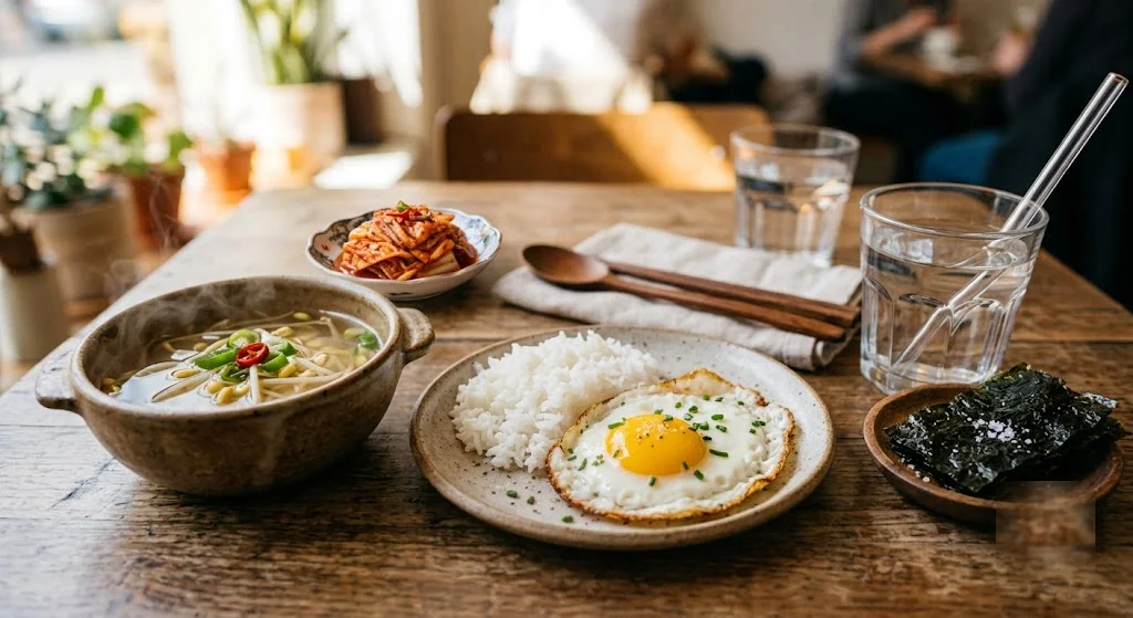 계란후라이, 밥, 콩나물국, 김치로 차린 한식 아침
