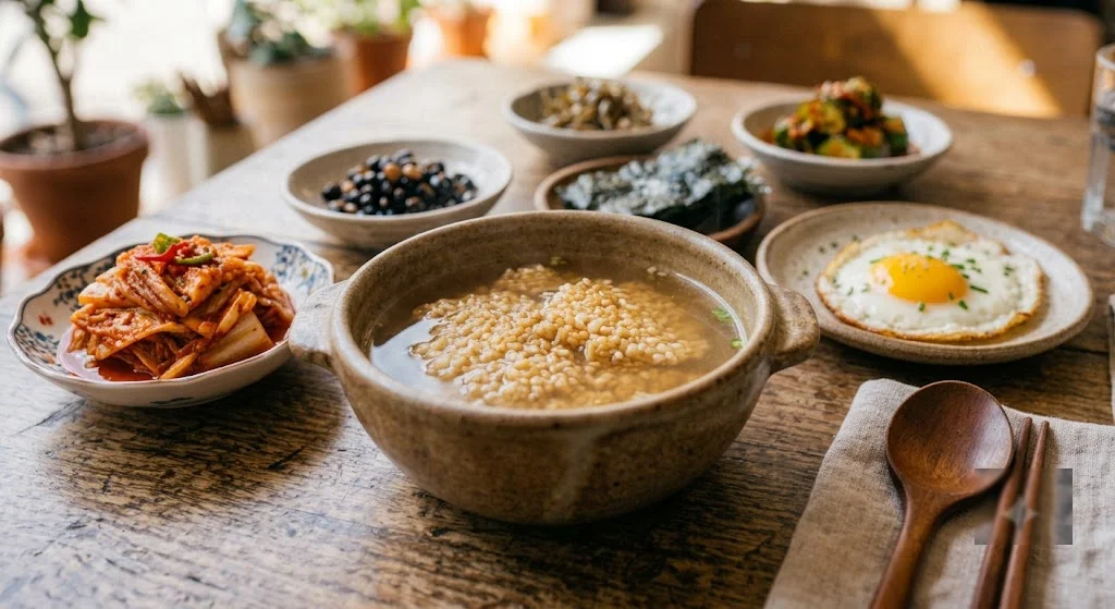 콩나물국, 김치, 계란후라이, 밑반찬으로 차린 한식 아침