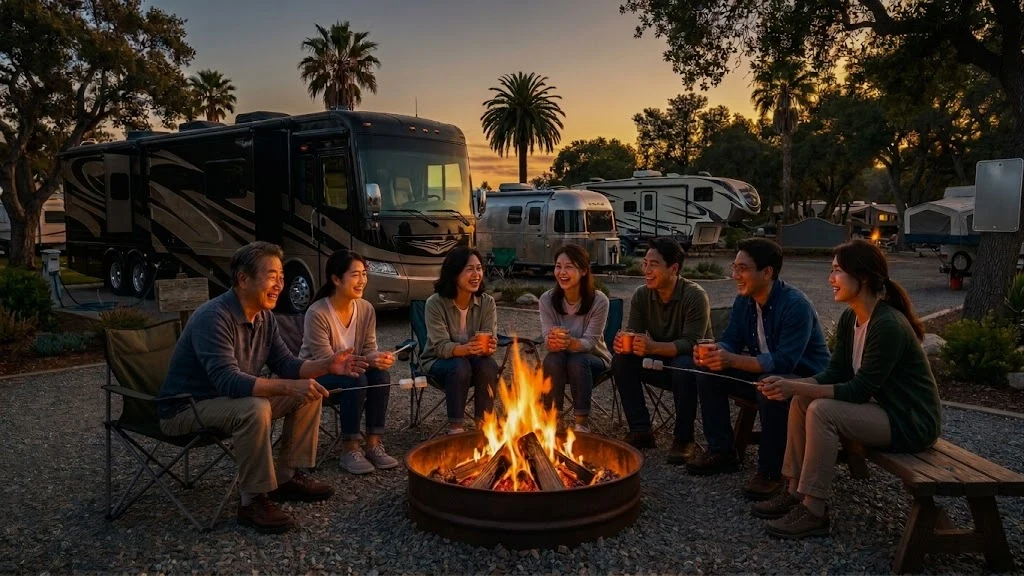 RV Park 모닥불에 둘러앉아 마시멜로를 구우며 이야기를 나누는 여행객들