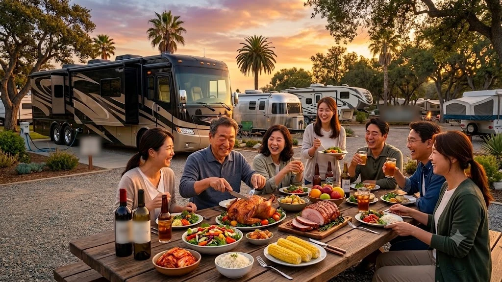 RV Park 야외 식탁에 둘러앉아 저녁 식사를 함께 나누는 여행객들