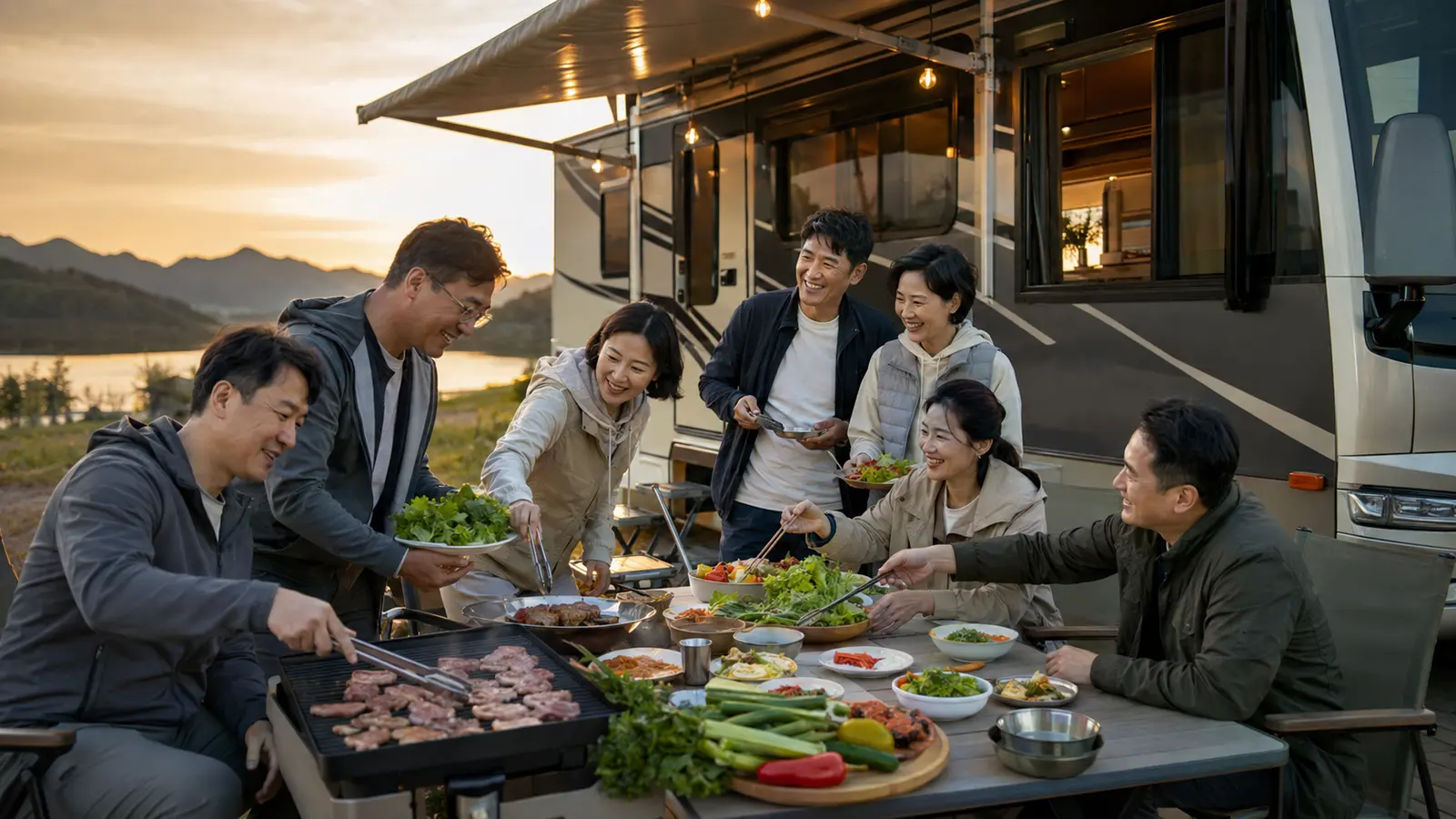 한국인 여행객들이 캠핑카 옆에서 함께 요리하고 식사하는 모습