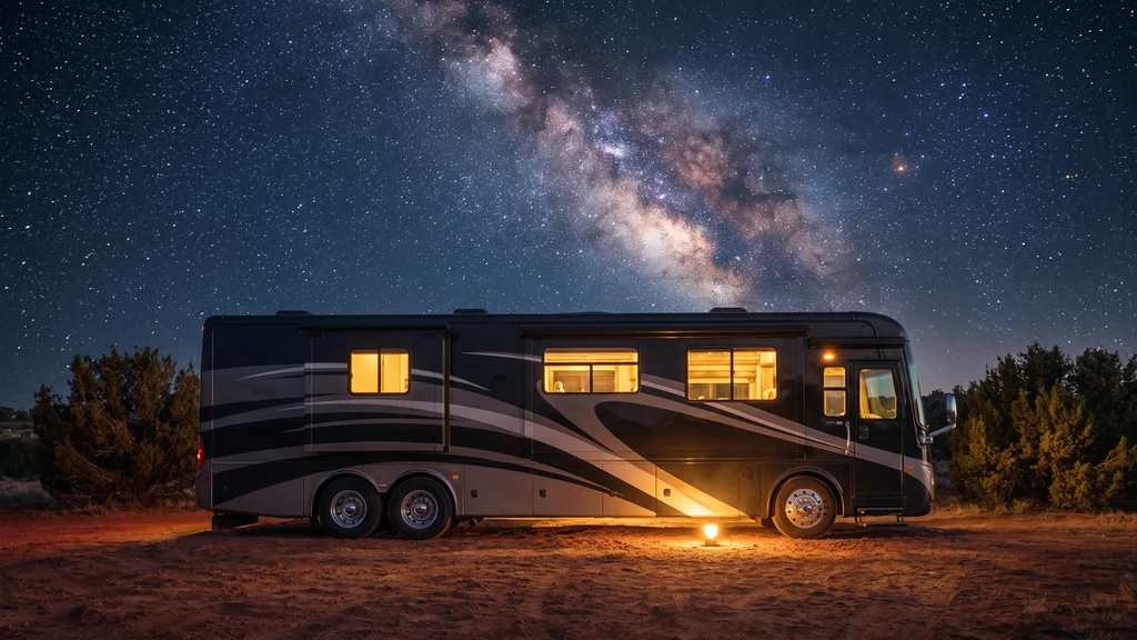 은하수가 흐르는 밤하늘 아래 RV Park에 머무는 캠핑카