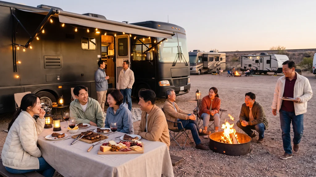 RV Park 저녁 식탁과 모닥불 곁에 모인 여행객들