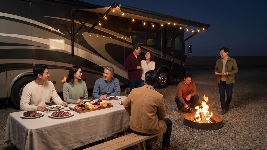 RV Park 저녁 식탁에 둘러앉아 이야기를 나누는 여행객들